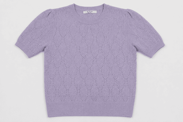 ELSA.M Lavender Pointelle Knit Short-Sleeve Top – Women's Elegant Shimmer Knit Pullover. Size M