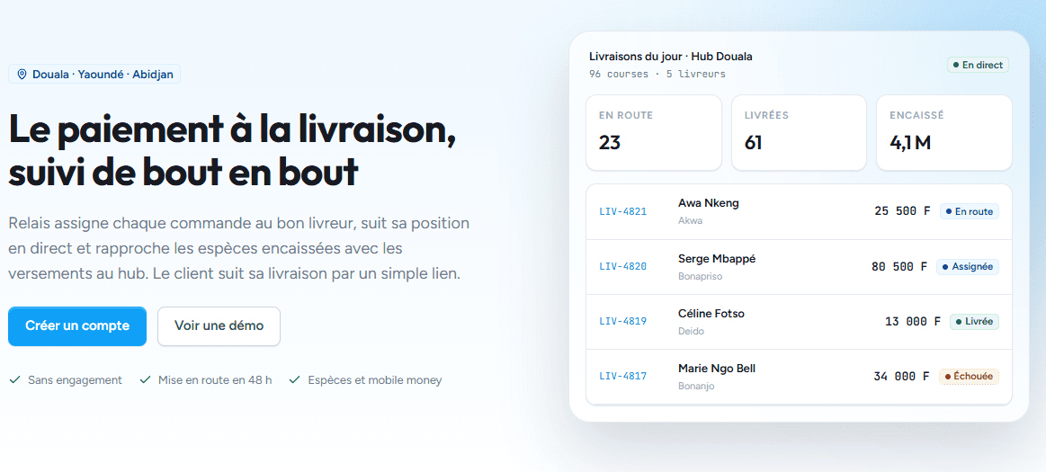 Yaamo Flow's landing page, with a live delivery dashboard for a Douala hub showing en-route, delivered and collected totals alongside a list of individual deliveries and their status.