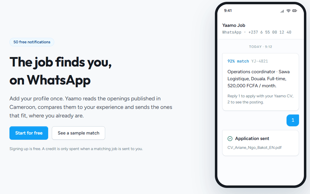 Yaamo Jobs' landing page, with a phone mockup of a WhatsApp conversation showing a matched job posting and an automatic application confirmation.