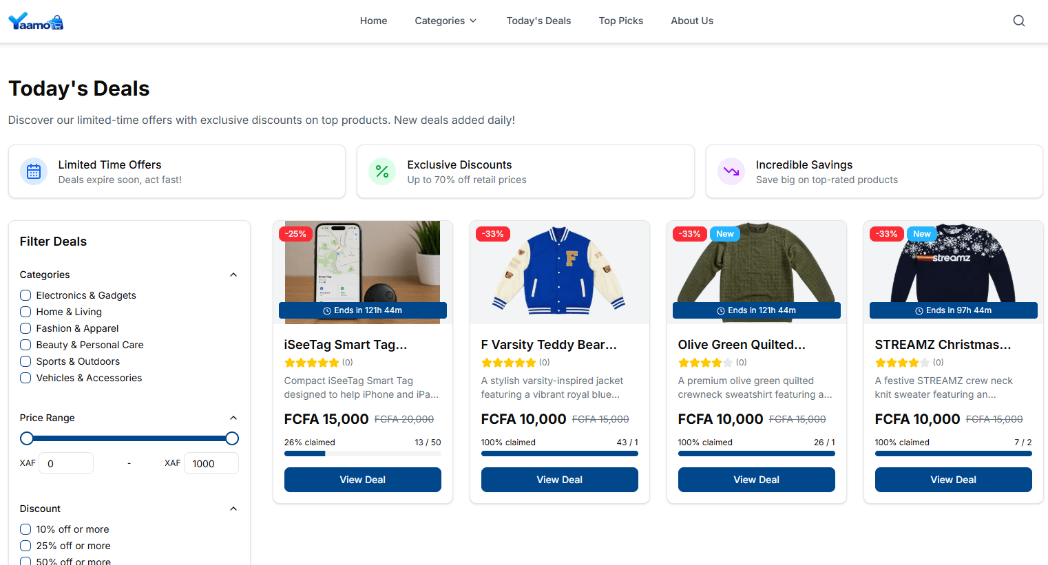 Yaamo Market's Today's Deals page, showing discounted product cards with prices and countdown timers alongside a category and price filter sidebar.