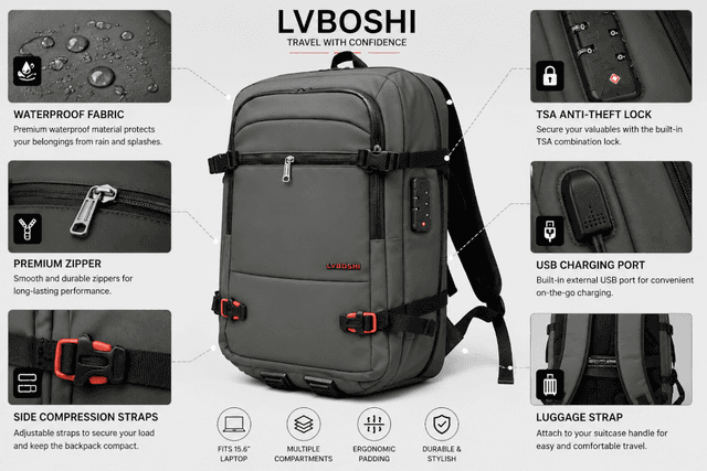 LVBOSHI Waterproof USB Travel Laptop Backpack 15.6" – Olive Green Business & Travel Backpack