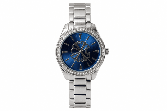 Christian Lacroix Silver-Tone Blue Dial Crystal Bezel Watch – Steel Bracelet