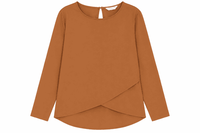 H&M Caramel Asymmetric Layered Long-Sleeve Blouse – Women's Relaxed-Fit Top. Size EUR 44 / US 14