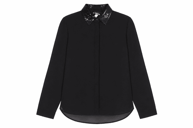 H&M Black Sequin Collar Long-Sleeve Blouse – Women's Lightweight Dress Shirt. Size L