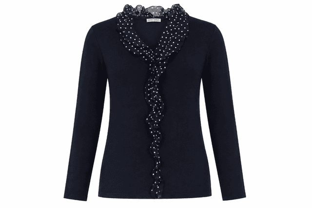 Women's GERRY WEBER Navy Long-Sleeve Top with Polka-Dot Ruffle – Size 42