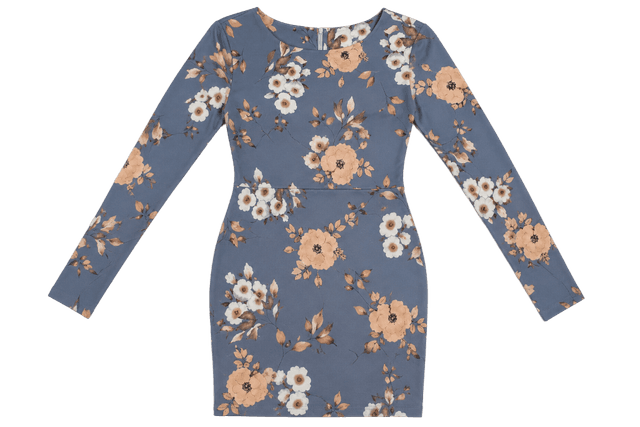 Women's L.C.K. Slate Blue Floral Long-Sleeve Fitted Dress – Size L
