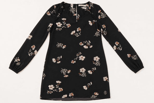 Women's Dame Blanche Black Floral Long Sleeve Shift Dress – Ruffle V-Neck. Size - XS