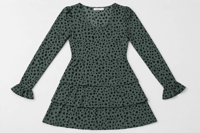Robe à volants vert sauge à pois noirs et manches longues MY JEWELLERY pour femme – Taille S
