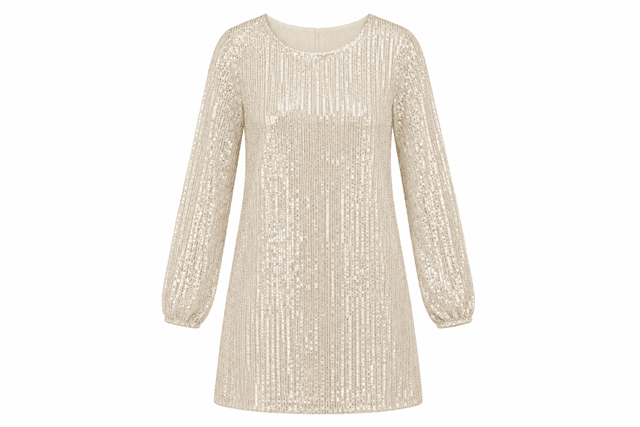 Women's Champagne Ivory Sequin Long Sleeve Shift Dress – Elegant Party & Evening Dress. Size - S
