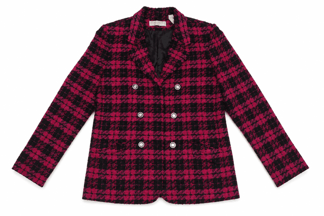 Valerie Stevens Women's Magenta & Black Plaid Wool Blazer – Double-Breasted Textured Jacket