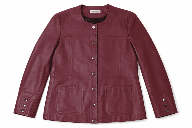 Christine Laure Women's Burgundy Lambskin Leather Jacket – Collarless Snap-Front Jacket. Size 46